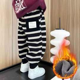男童裤子加绒加厚冬季2025新款儿童一体绒小男孩韩版条纹束脚裤潮