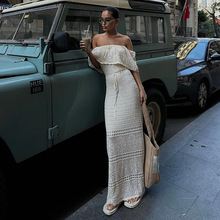 一字肩针织修身收腰抹胸连衣裙女春夏洛克度假沙滩风休闲垂感长裙