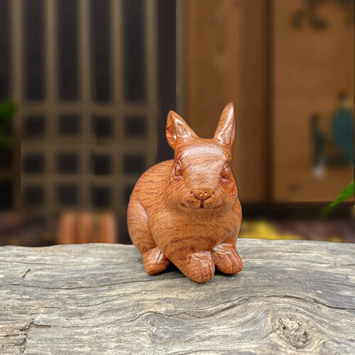Solid wood carved rabbit ornament home living room desk decoration accessory 12 zodiac sign Rabbit