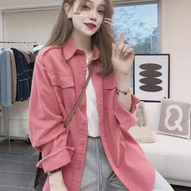 Design sense niche long sleeve Denim shirt Women's Spring 2023 New loose Hong Kong style retro POLO collar shirt fashion