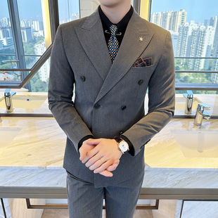 Korean Style Slim-Fitting Blazer Business Formal Double-Breasted Fashion Casual Men's Suit Three-Piece Set