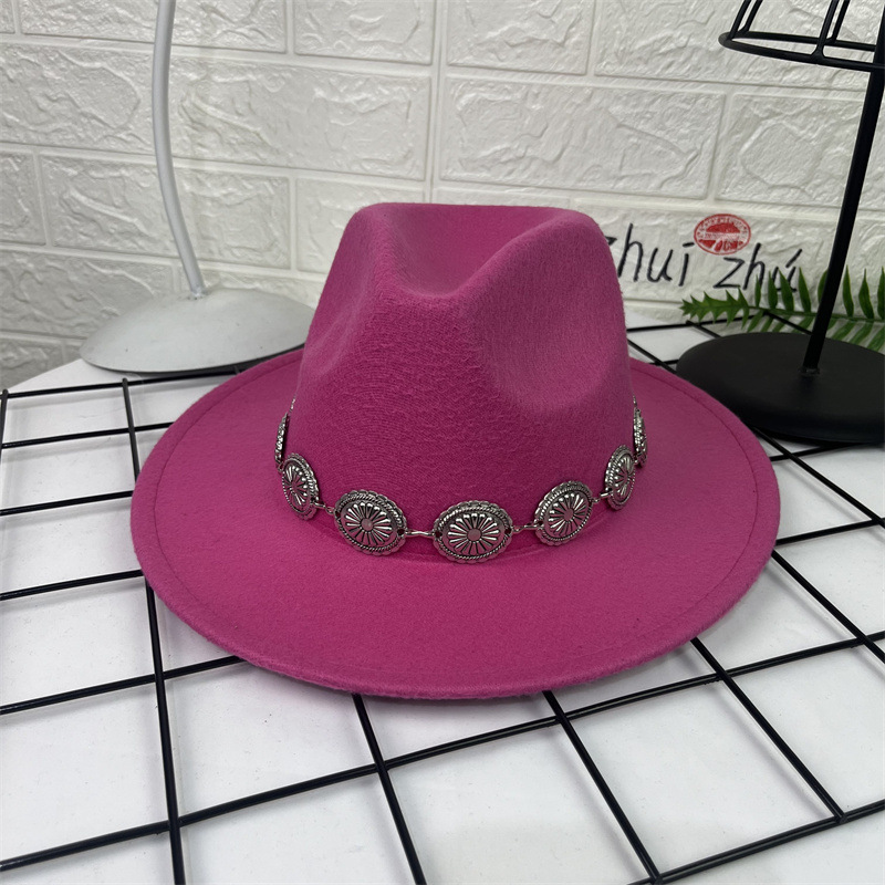 Sombrero de lana europeo y americano sombrero de fieltro de estilo británico decoración de cadena ovalada AliExpress sombrero de jazz borde plano sombrero superior para hombres
