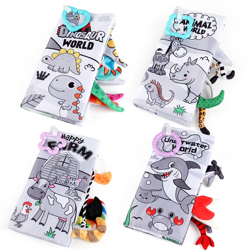 Bebé desgarrable lavable cola libro de tela 4 páginas 8 lados educación temprana cognición dinosaurio animal océano paño libro traje