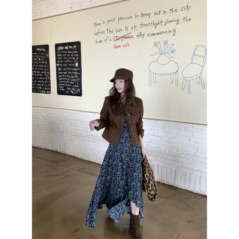 Real Price Real Shot # French Gentle Style Floral Suspender Dress Women's Brown Lapel Jacket Suit