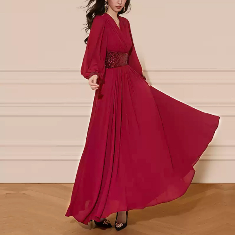 Spring 2025 French Romantic Red Beaded Waist Stitching Dress dress Tight Waist Elegant Lightweight Large Dress