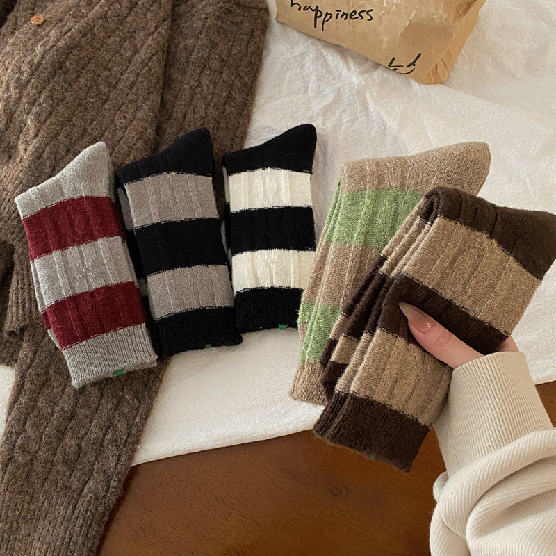 ins South Korea Dongdaemun winter thickened mohair color matching Maillard striped twist Women's Mid-calf socks pile socks