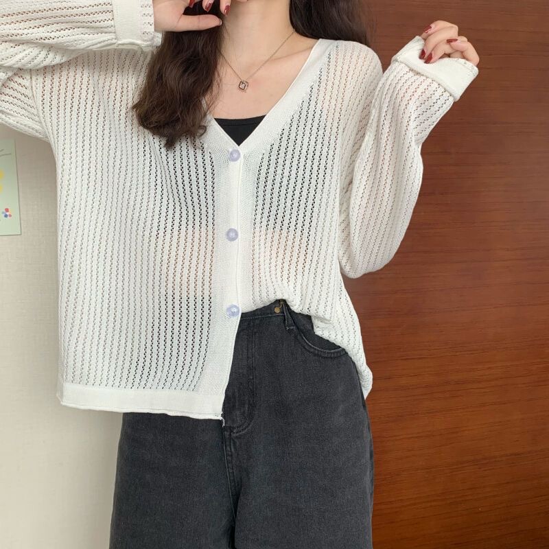 Knitted Long-Sleeved Sun Protection Women's Summer 2024 New Korean Style Loose Thin Cut Out Pure Color Cardigan Outer Top