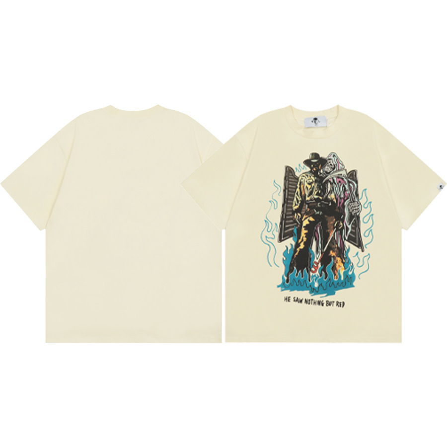 American WARREN LOTAS marca compartida con estampado de personaje de calavera masculina suelta cuello redondo camiseta de manga corta marca de moda