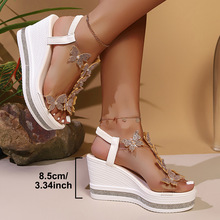 2025夏季新款大码女士坡跟凉鞋欧美蝴蝶结套脚松糕水钻底鱼嘴凉鞋