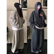 大码时尚连帽卫衣套装女春秋季胖MM宽松显瘦休闲慵懒运动两件套潮