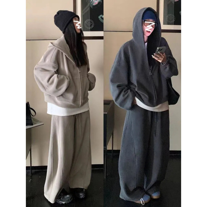 大码时尚连帽卫衣套装女春秋季胖MM宽松显瘦休闲慵懒运动两件套潮|undefined
