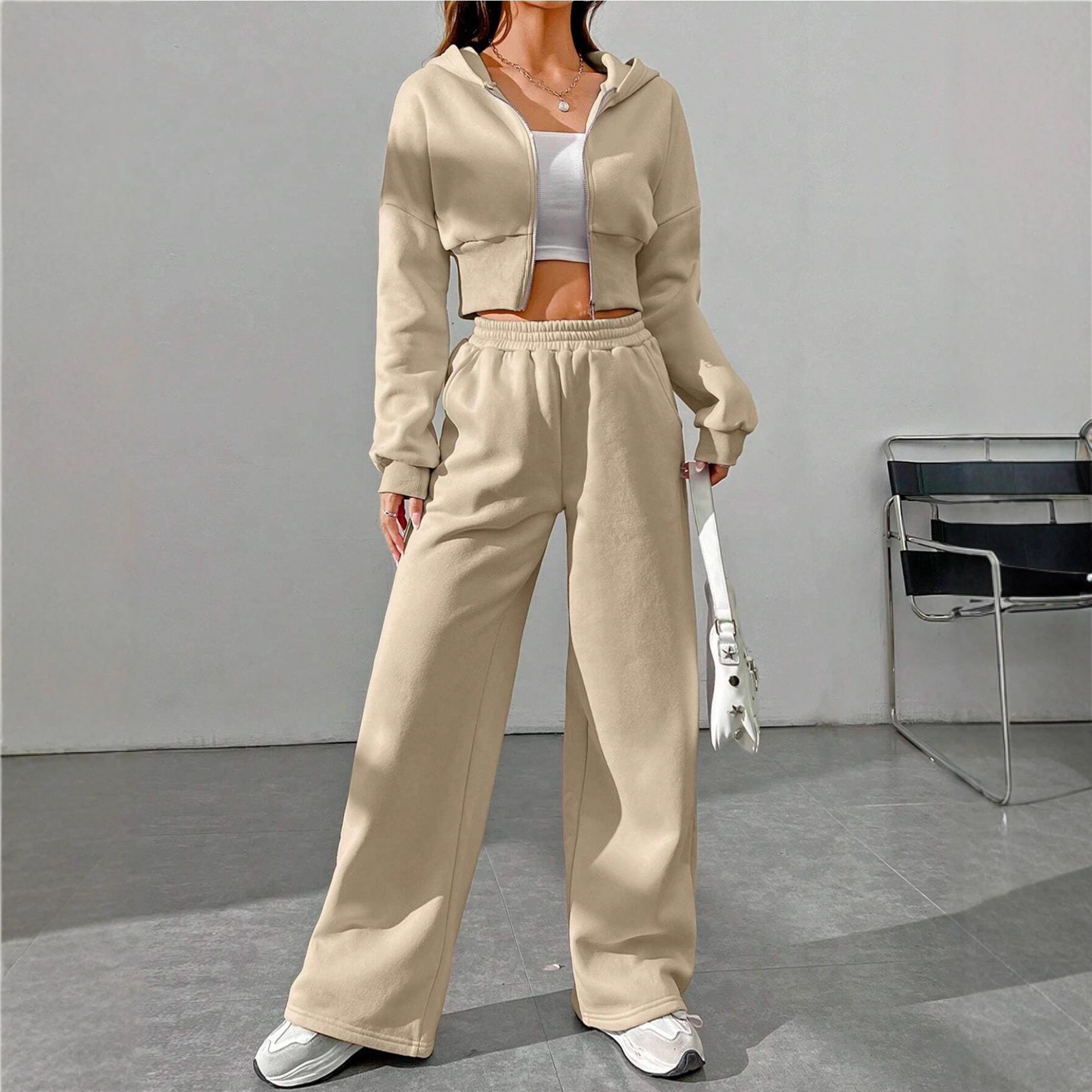 纯色套装女装欧美跨境连帽衫长袖拉链开衫运动松紧长裤二件套女