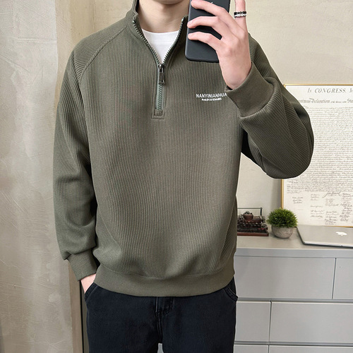 Semi-zipper hoodie men's stand-collar spring and autumn loose casual long-sleeved top men's outer fashion brand embroidered bottoming shirt