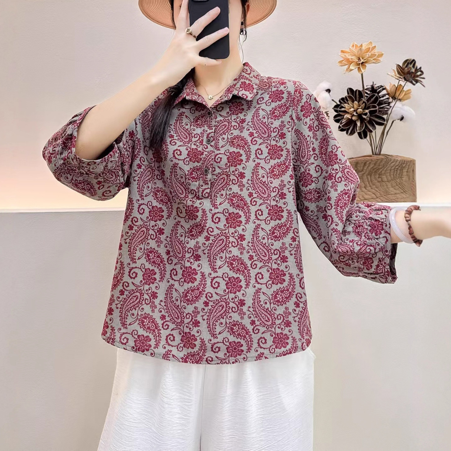 2025秋季新款时尚印花翻领宽松显瘦长袖中长款妈妈上衣洋气女衫衣