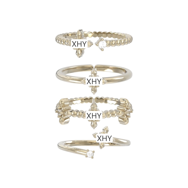 Three Horizontal Lines of the Same Style Jewelry "Iris Secret Key" Four-Flower Ring Set for Women, French Retro Design Finger Rings