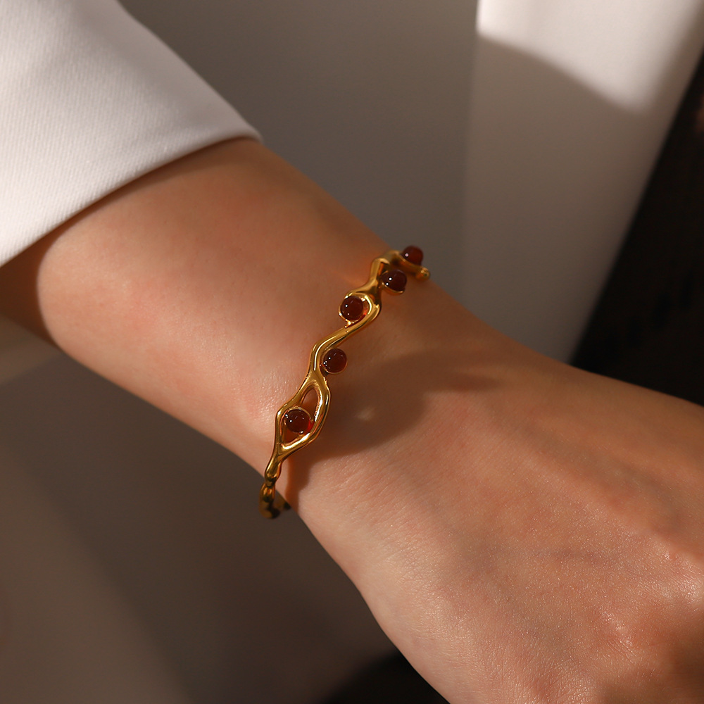 Retro Geometric Stainless Steel Plating Natural Stone Bangle 1 Piece