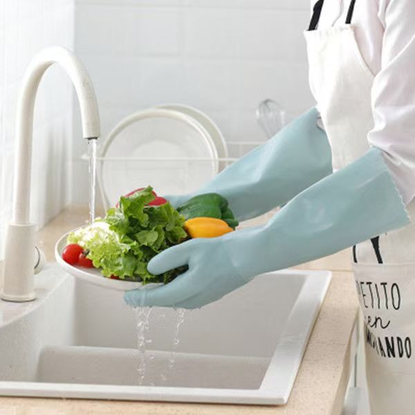 Guantes cálidos de lana de cuero con lana de PVC grueso lavado de ropa de cocina lavavajillas impermeable a la limpieza
