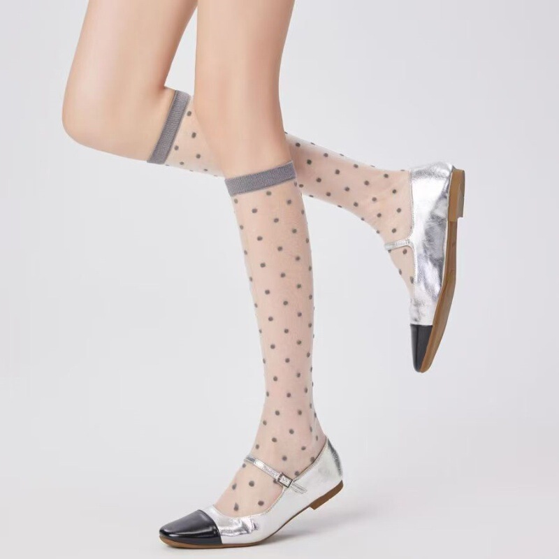 Seamless Polka Dot Mesh Breathable Korean Style Slouch Socks for Women, High Tube, Ultra-Thin, Transparent Long Tube