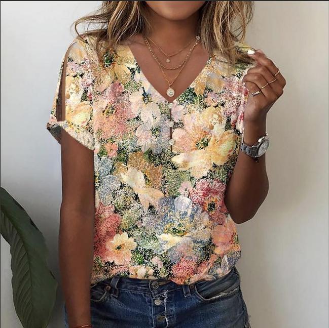 European and American Cross-Border 3D Floral Digital Print Short-Sleeve Three-Button Henley Shirt, New Spring/Summer V-Neck Fashion Women's Clothing European and American Cross-Border 3D Floral Digital Print Short-Sleeve Three-Button Henley Shirt, New Spring/Summer V-Neck Fashion Women's Clothing