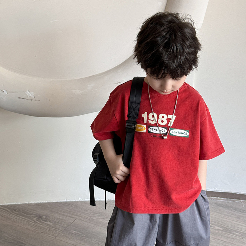 夏子供服新しい子供プリント半袖 Tシャツボーイズレターダメージレトロ半袖トップストリートファッション T|undefined