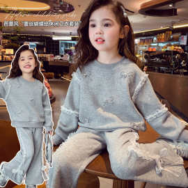 韩版童装2026春秋新款儿童蕾丝蝴蝶结花边卫衣女童喇叭裤休闲套装