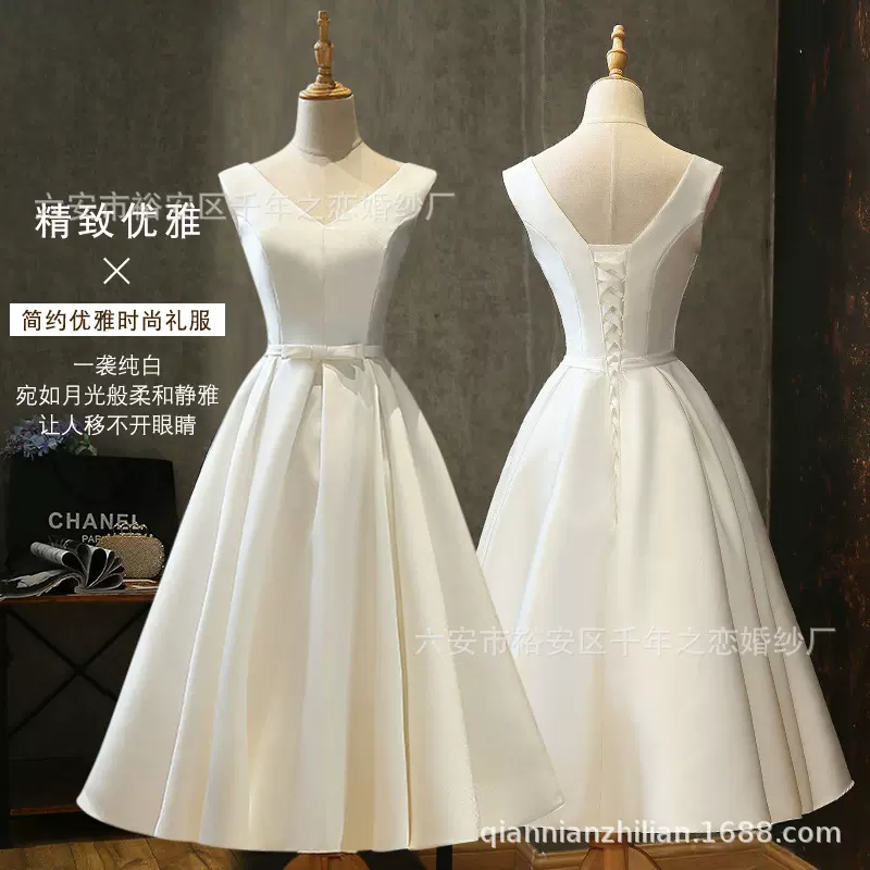 晚礼服 2023款V领简单大方中长款宴会聚会显瘦伴娘姐妹连衣裙白色