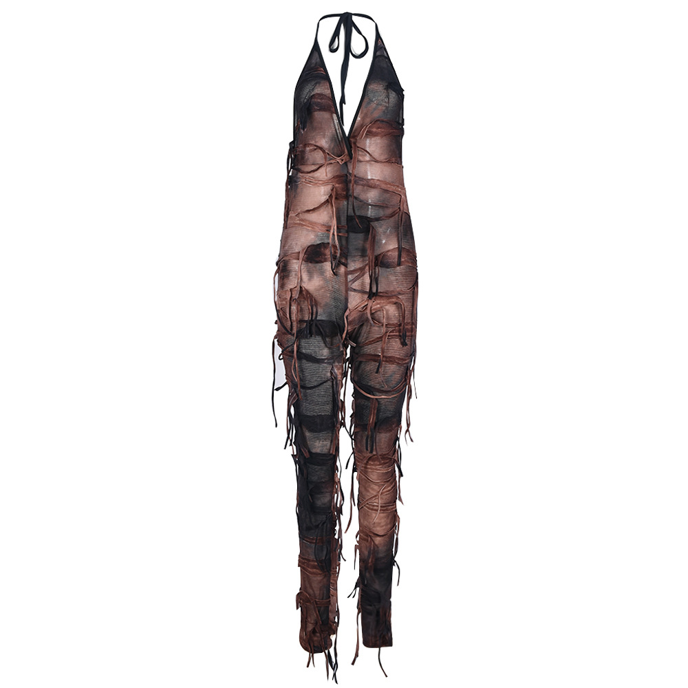 Sexy Cutout Long Halter Ripped Beggar Cloth Jumpsuit Women
