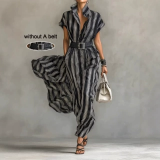 2026欧美跨境temu亚马逊独立站气质职业女装短袖条纹衬衫连衣裙