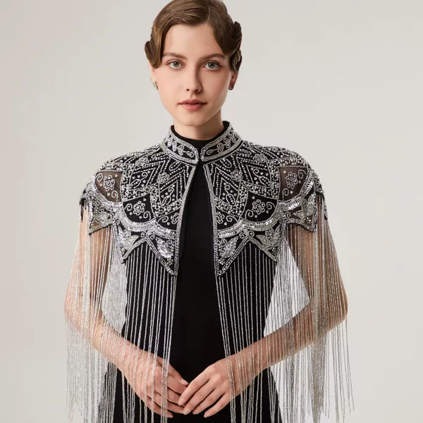 Neon Sequin Beaded Gown Shawl European and American Retro High-End Prom Party Handmade Tassel Cape in Stock