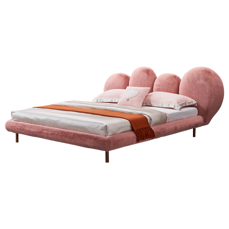 Cama de tela de peluche de polvo, villa de alta gama, cama doble nórdica, madera de haya, minimalista italiana.