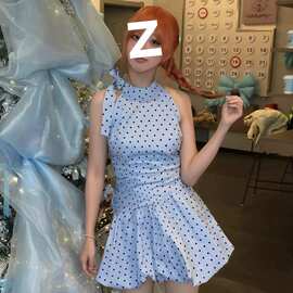 原版做法有内里法式蓝色波点绑带挂脖季海边度假辣妹收腰花苞短裙