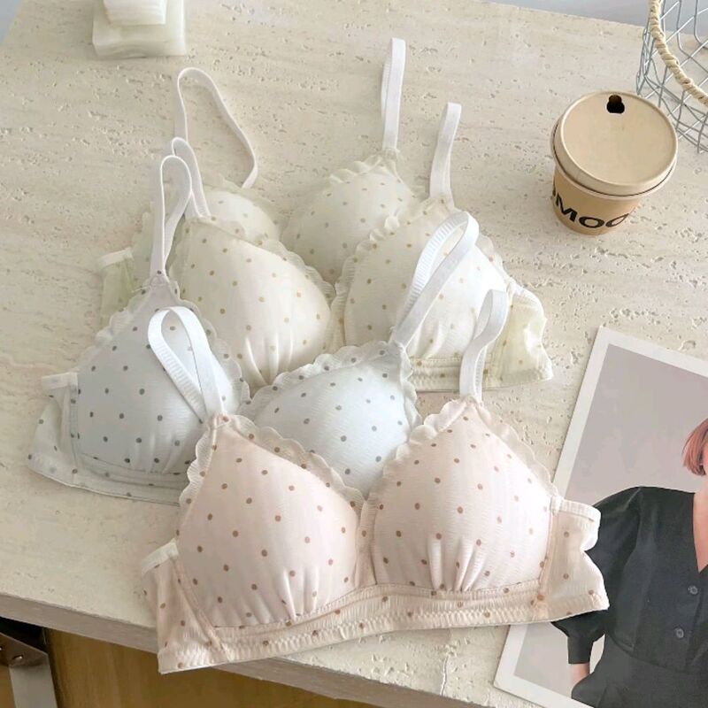Sweet Polka Dot Lace Student Girl Thin Breathable Underwear Female Small Breast Push-Up No Rims Student Bra