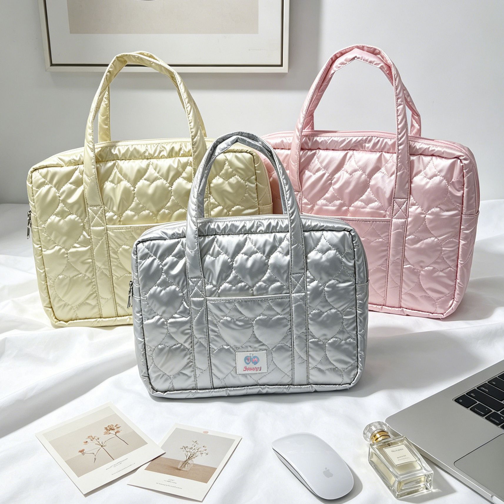 Large Capacity Pu Quilted Laptop Bag Large Capacity Notebook Love Heart iPad Tablet Protective Case Storage Bag