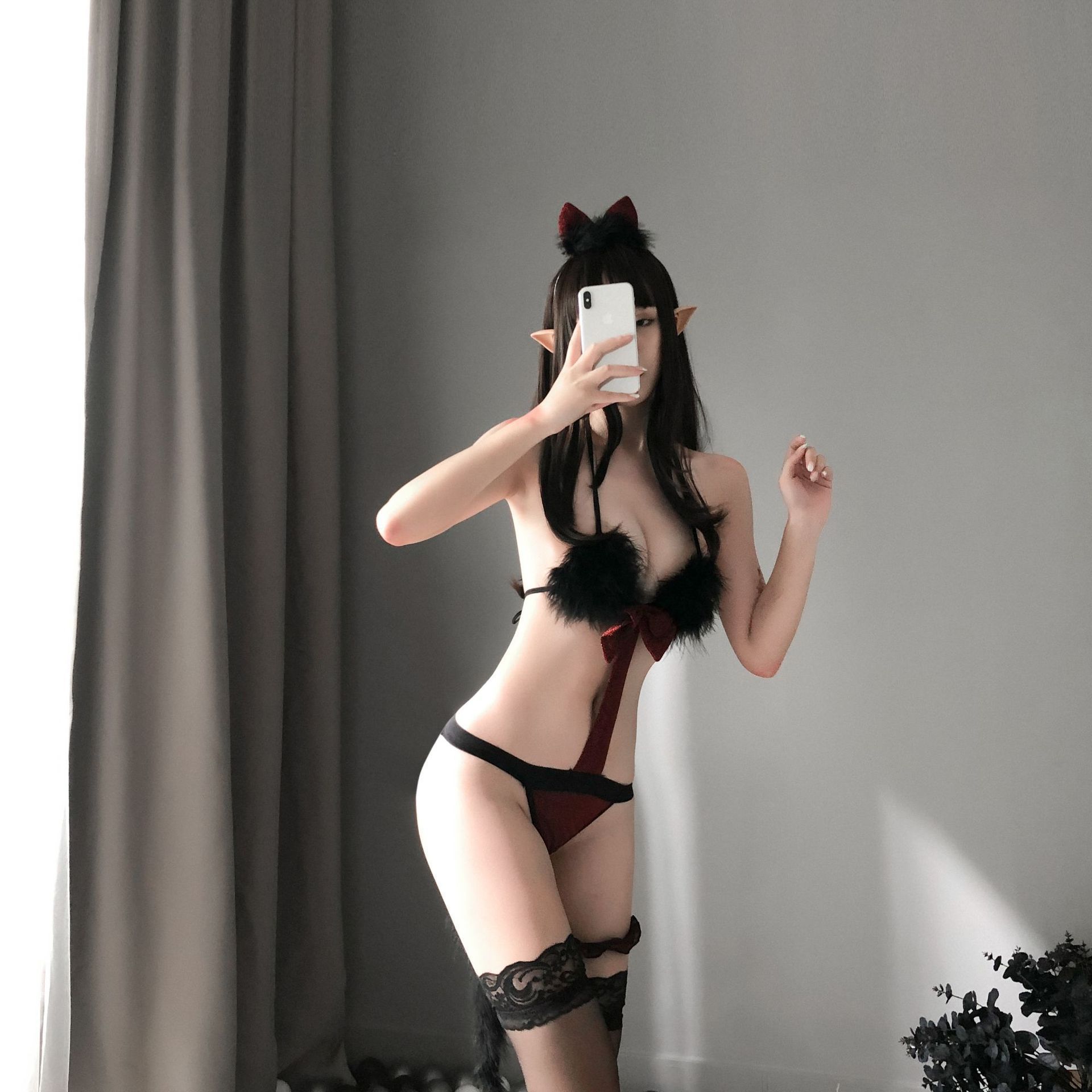 Cat Girl Roleplay Lingerie Set, One-piece Mesh Costume, Red Uniform — detail image 3