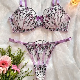 Lingerie Cross-Border Export Push-Up Bra Floral Embroider Sexy See-Through Sexy Lingerie Set for Women