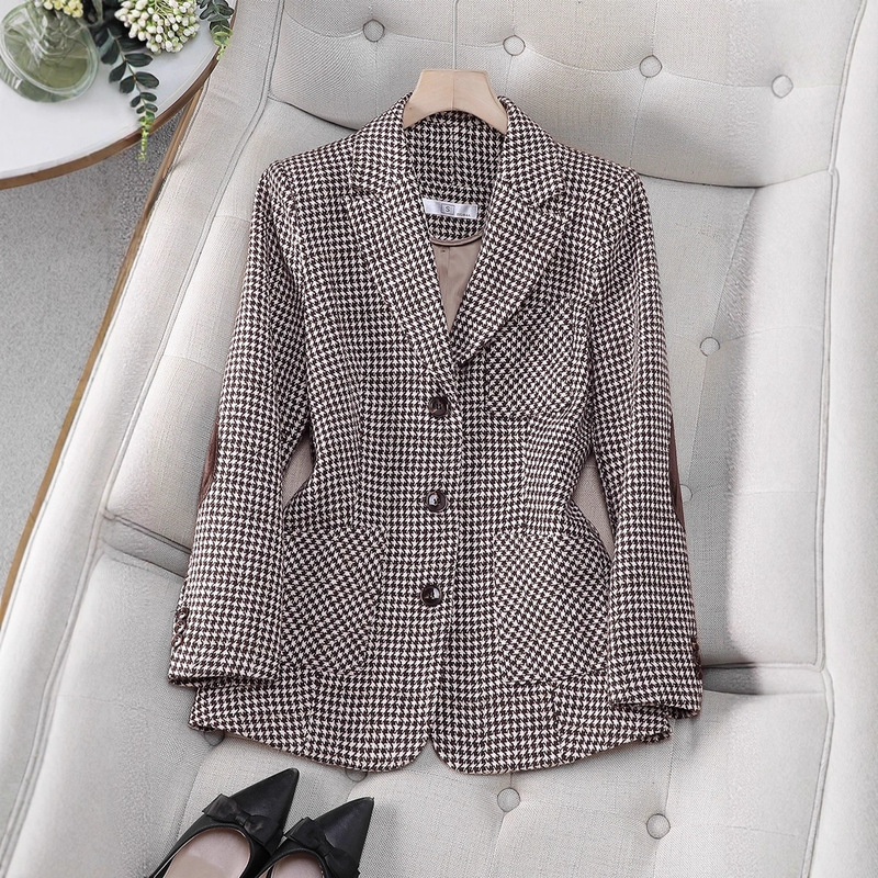Houndstooth Suit Jacket for Women Autumn and Winter 2025 New Slim Woolen Suit Top for Women with Waist and Fashionable Style Houndstooth Suit Jacket for Women Autumn and Winter 2025 New Slim Woolen Suit Top for Women with Waist and Fashionable Style