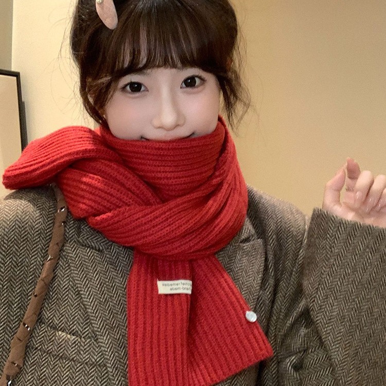 日本韩系针织毛线天蓝色围巾女秋冬季氛围感纯色百搭加厚保暖围脖