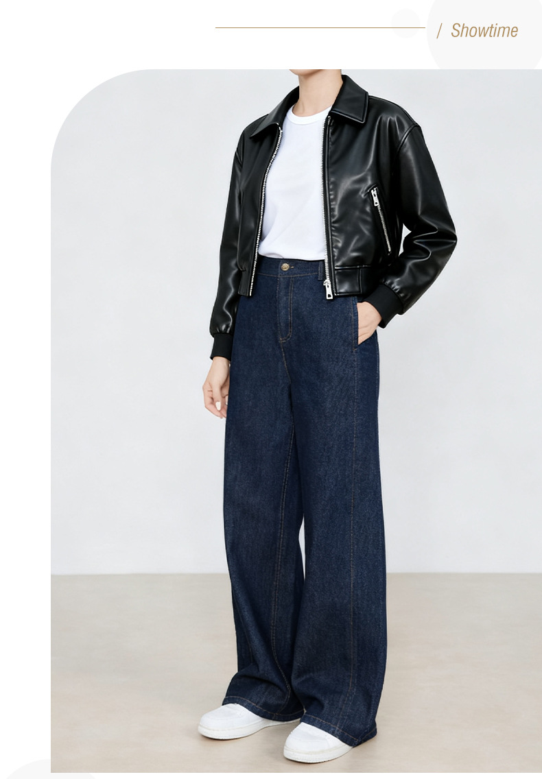Quần jean ống rộng Xinge denim xanh chống phai màu, lưng cao, dáng suông dài đến sàn — màu xanh denim chi tiết 6