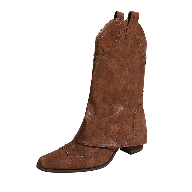 2025 Retro Short Brown V-cut Fashionable Western Cowboy Boots, Studded Mid-calf Boots For Women_vogvips.com