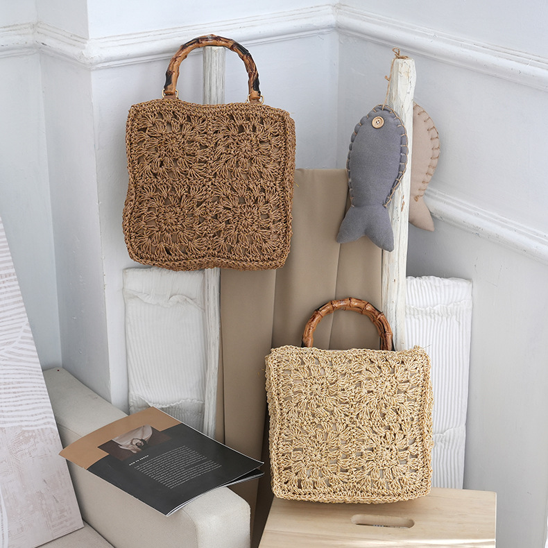 Strohtasche Mit Bambusgriff Und Blumen-applikation Für Damen_voghion.com