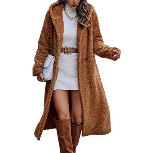 Amazon Cross-Border Supply 2022 Autumn and Winter Fashion Long Solid Color Long-Sleeved Plush Hooded Jacket Women's Outwear Windbreaker