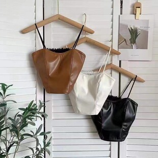 Leather European and American style camisole women's elegant high-end beauty back underwear slim short bottoming with chest pad leather