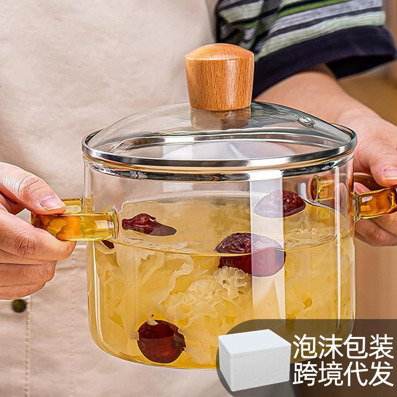 Прозрачный горшок из высокоборосиликатного стекла в скандинавском стиле, устойчивый к высоким температурам, практичный стеклянный горшок с двумя ушками, горшок для здоровья с крышкой, горшок с желтой и зеленой ручкой