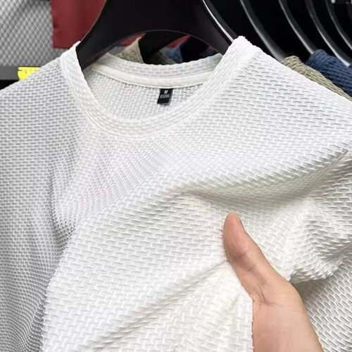 Mesh ice silk men's short-sleeve trendy round-neck youth base shirt summer solid color top