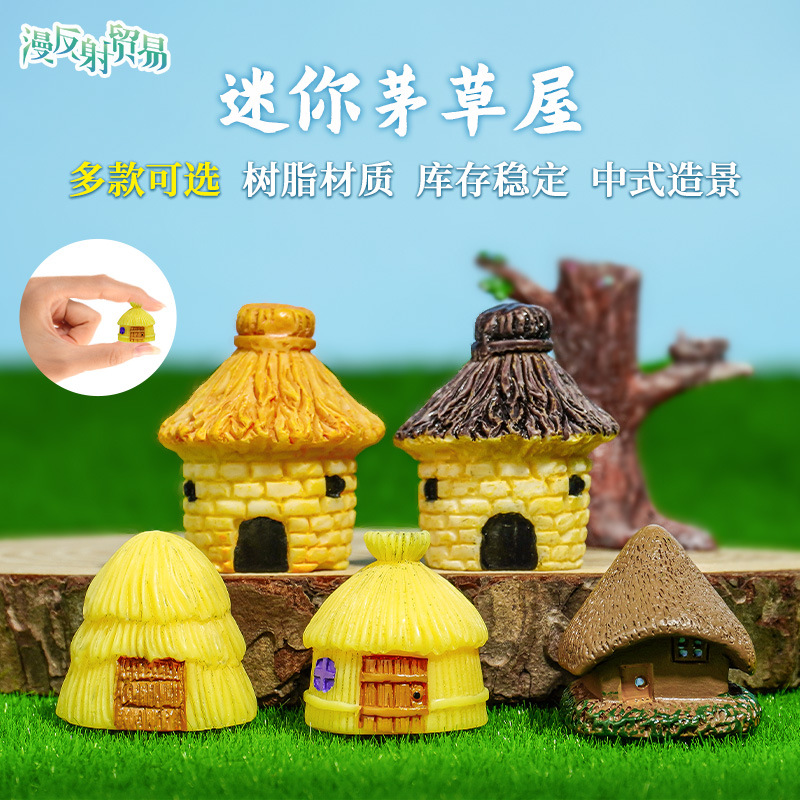 Pequeña pecera, decoración de paisaje, musgo, micropaisaje, resina decorativa, linda casa de paja, casa de campo, mini casa de paja