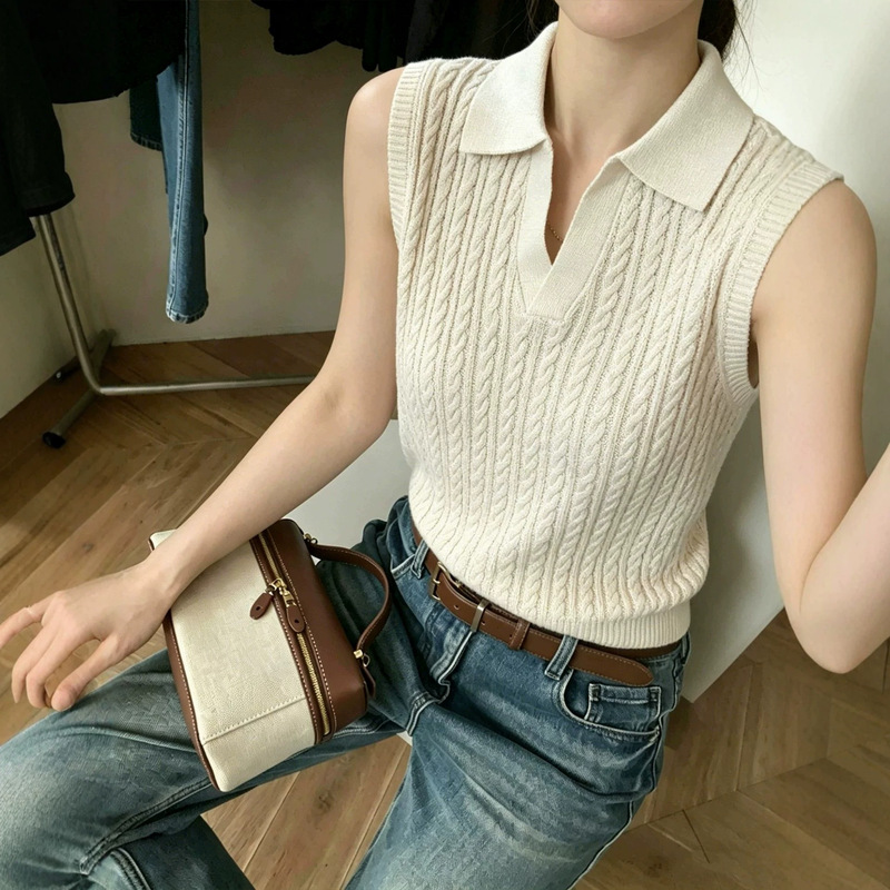Old Money Style Retro Polo Collar Cable Knit Sweater for Women 2026 New Summer Slim Fit Sleeveless Top Vest