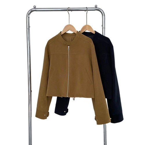 American Retro Stand Collar Short Coat for Women Autumn/Winter Petite Size Flight Jacket with Elegance