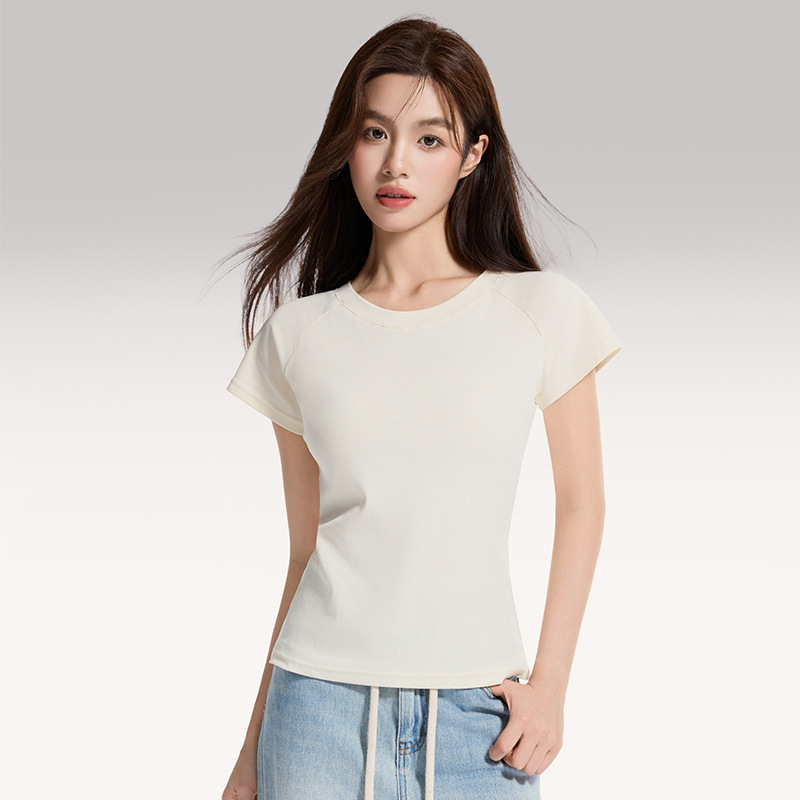 白色正肩圆领短袖t恤女2025夏季新款修身打底纯棉上衣一件代发|undefined