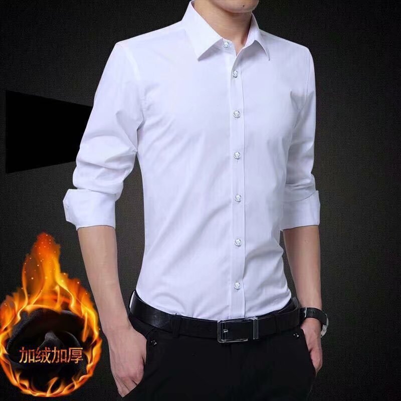 Autumn and Winter fleece-lined thickened thermal shirt men's long-sleeved white solid color shirt casual business tooling formal wear business wear Autumn and Winter fleece-lined thickened thermal shirt men's long-sleeved white solid color shirt casual business tooling formal wear business wear