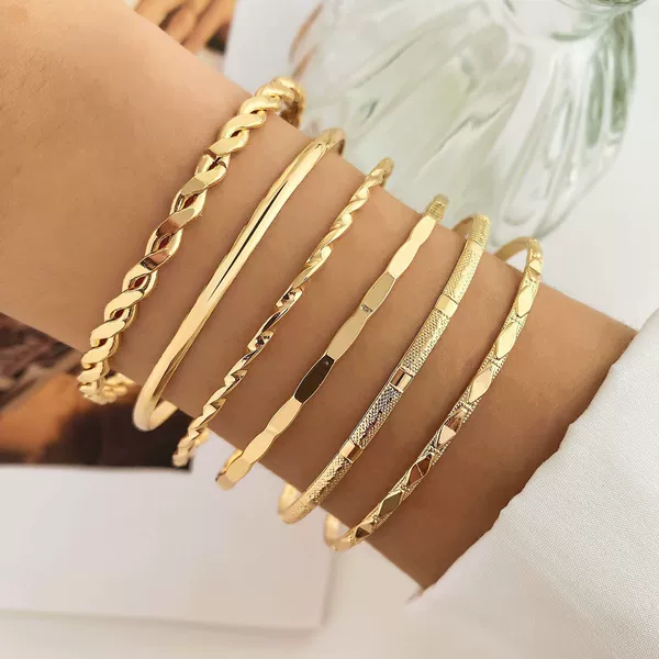 Ins European and American Cross-Border Jewelry Diamond-Shaped Braided Smooth Bracelets 6-Piece Set Irregular Punk Bracelet Set Wholesale